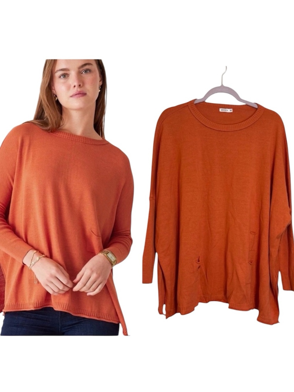 Mersea Catalina Crewneck Traveler Sweater Orange One Size Side Slit Lightweight